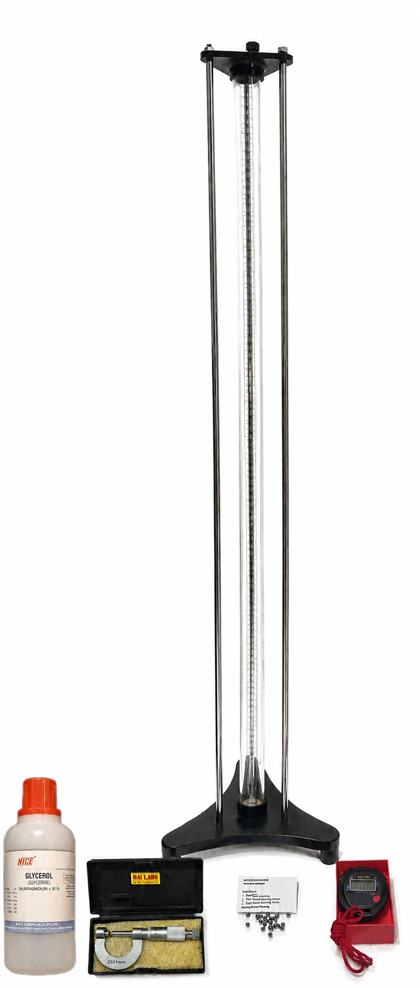 TO DETERMINE THE COEFFICIENT OF VISCOSITY OF A GIVEN VISCOUS LIQUID(GLYCERINE), LEAD SHOTS, SCREW GAUGE, STOP WATCH, THERMOMETER, CLAMPSTAND